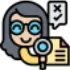 A woman examines a checklist with a magnifying glass, highlighting a completed task with a check mark.